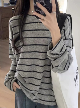 高级感条纹灰色针织衫女早秋季2025新款设计感宽松毛衣打底衫上衣