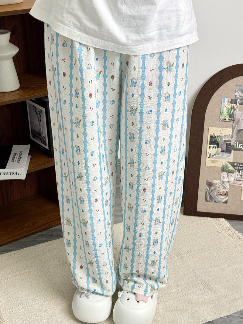 遛弯裤子长裤蓝色小熊睡裤女夏季可爱高腰宽松裤子直筒薄款家居裤
