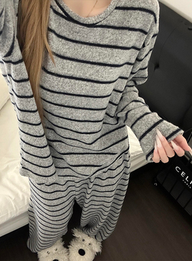 韩系简约灰色条纹德绒睡衣女秋冬季新款保暖宽松可外穿家居服套装
