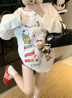 可爱KT猫印花长袖宽松T恤女秋季休闲白色甜美设计感百搭圆领上衣