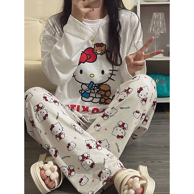 GIRLY CUTE HELLO KITTY PRINT LONG SLEEVE PAJAMAS WOMENS SPRING AND AUTUMN NEW SWEET CARTOON LOOSE LOUNGEWEAR SET