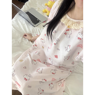 少女甜美凯蒂猫宽松大码 法式 薄款 蕾丝花边短袖 居家长裙 睡裙女夏季