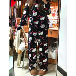 少女可爱凯蒂猫法兰绒睡衣女冬天卡通保暖毛绒长袖长裤家居服套装