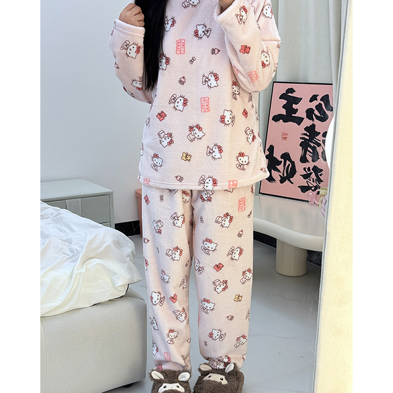 韩国ins睡衣女冬季加厚加绒珊瑚绒秋冬可爱KT猫法兰绒家居服套装