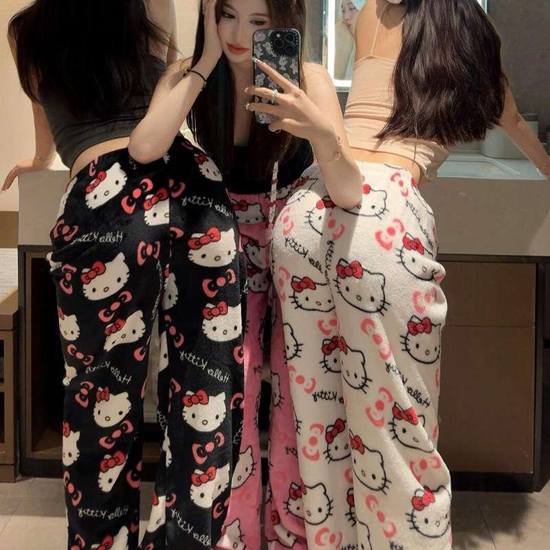 卡通KT猫法兰绒睡裤女秋冬季新款珊瑚绒加绒加厚保暖休闲居家裤子