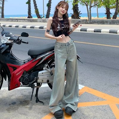 低腰阔腿牛仔裤女夏薄款2024新款美式高街复古直筒宽松拖地裤