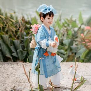 儿童汉服春夏季新款咏鹅男童古装中国风男宝宝长袍唐装表演服套装