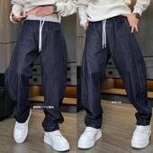 秋冬厚款 辑明线拼接直筒裤 磨毛休闲牛仔裤 男宽松百搭多口袋弯刀裤