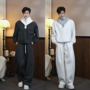 时尚 男女春季 百搭痞帅休闲运动两件套 重磅假两件连帽卫衣套装 美式