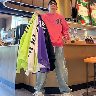 春秋潮流痞帅圆领卫衣男士宽松百搭高级感字母刺绣港风长袖打底衫