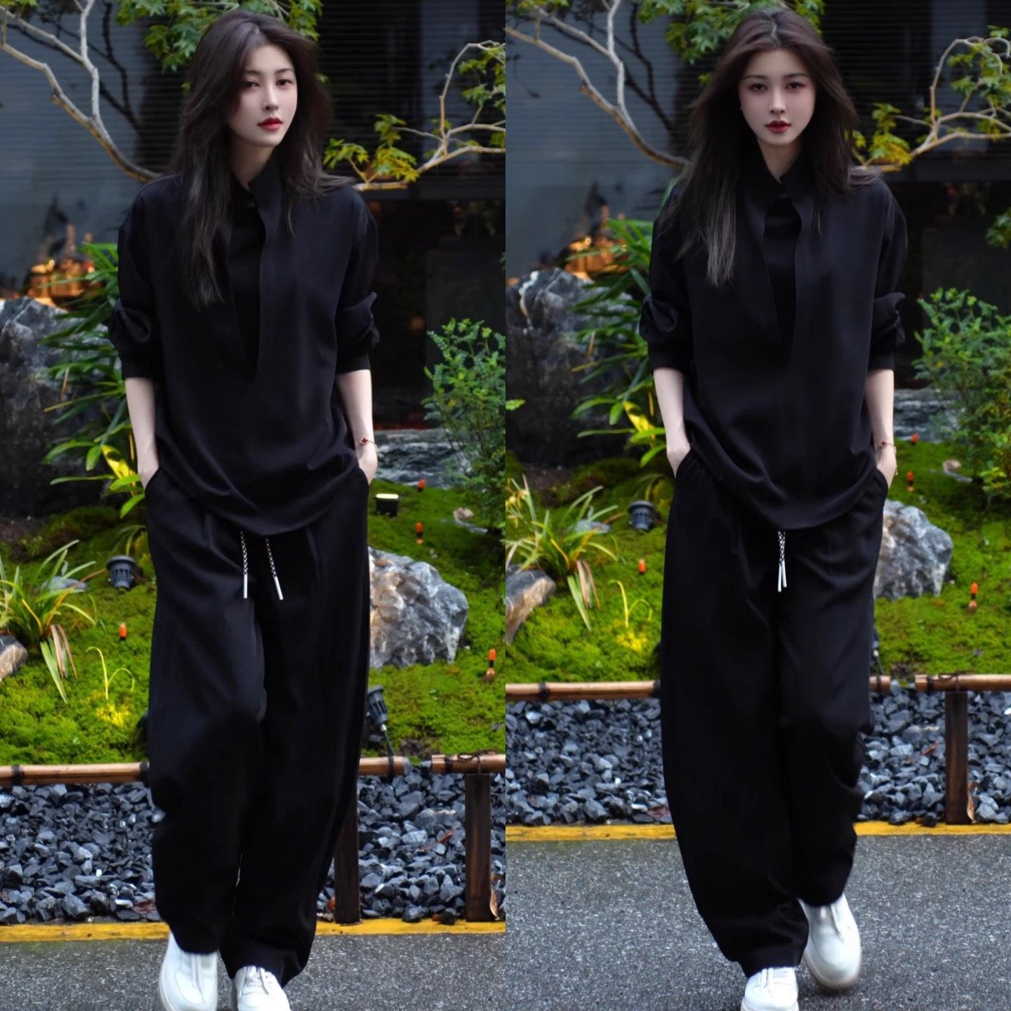 秋季时尚简约休闲套装假两件深V领衬衫纯色休闲裤春秋情侣两件套