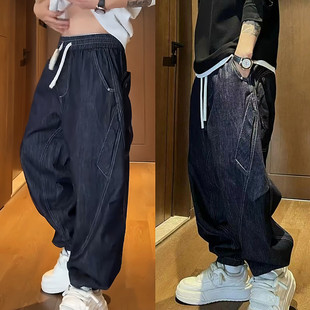 宽松百搭弯刀阔腿束脚休闲长裤 秋季 男士 牛仔裤 重工水洗斜插袋工装
