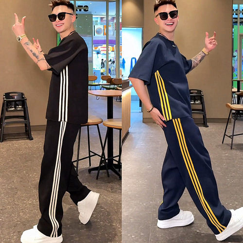 夏季男士侧条纹运动短袖套装