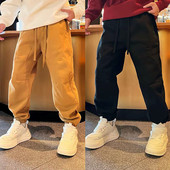 宽松百搭高级感拼接立裁休闲裤 秋冬加绒加厚精梳棉束脚卫裤 男士 潮