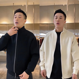 春秋厚款肌理感外套男士纯色简约百搭秋冬宽松休闲拉链插肩针织衫