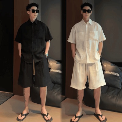 夏季老钱风男士短袖短裤两件套