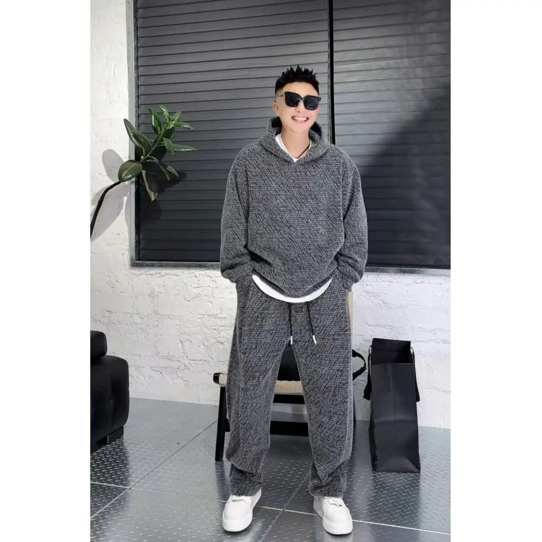 秋冬新款七彩纱线毛织休闲套装情侣款加绒加厚连帽卫衣卫裤两件套