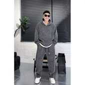 秋冬新款 两件套 加绒加厚连帽卫衣卫裤 七彩纱线毛织休闲套装 情侣款