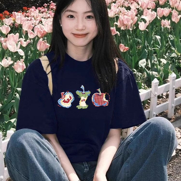 美式藏青色苹果短袖t恤女图片
