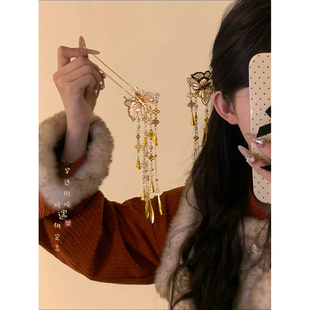 古风金色蝴蝶流苏u型发簪女新中式步摇汉服发钗簪子新娘发饰头饰
