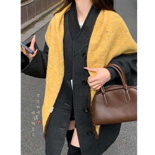 冬日暖阳 保暖配大衣围脖护颈 100%羊毛黄色三角围巾披肩女生冬季