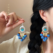 波西米亚蓝色扎染流苏串珠耳环女复古民族风耳坠独特绝美2026耳饰