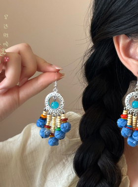波西米亚蓝色扎染流苏串珠耳环女复古民族风耳坠独特绝美2026耳饰