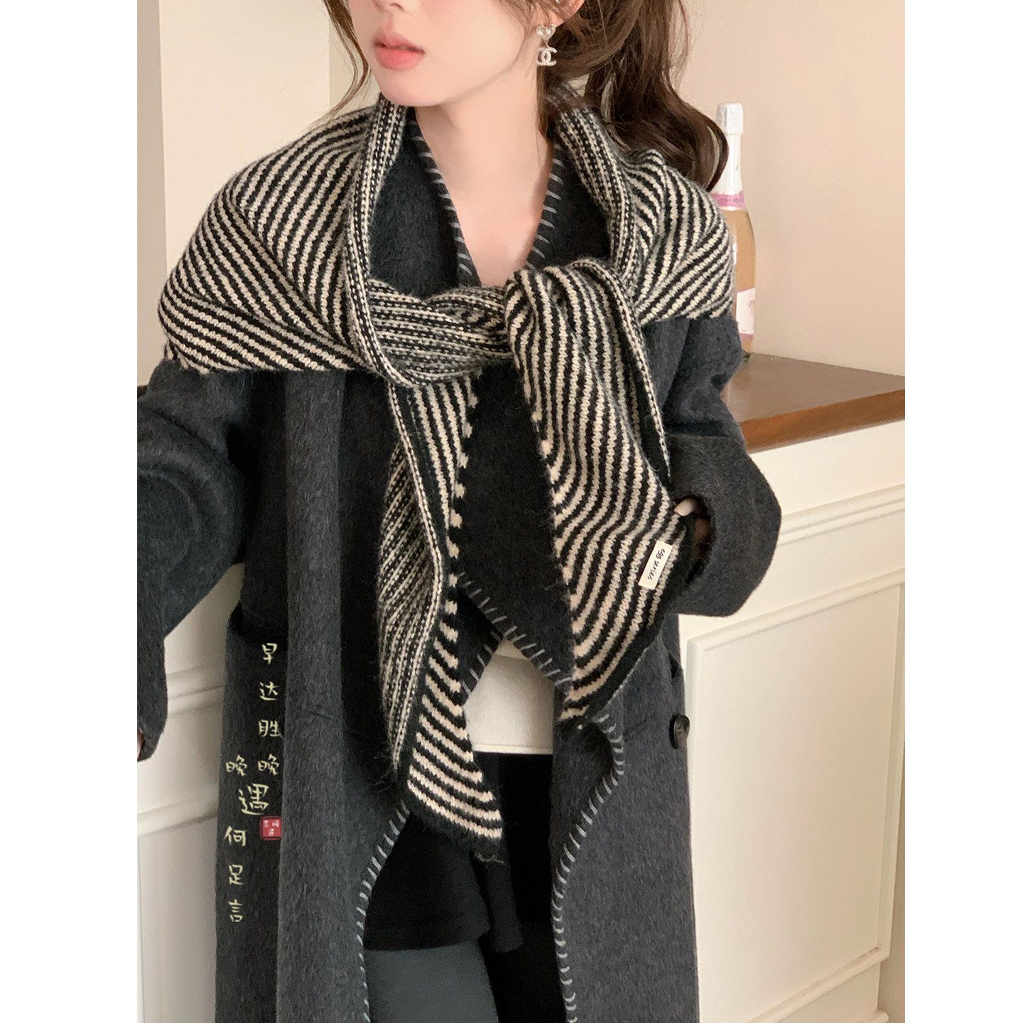 冬意绵绵~100%羊毛条纹针织三角巾围巾披肩两用女冬围脖护颈装饰