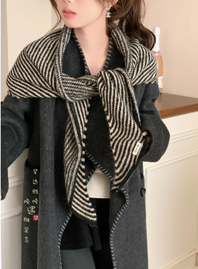 冬意绵绵~100%羊毛条纹针织三角巾围巾披肩两用女外搭冬围脖护颈