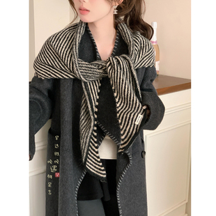 冬意绵绵~100%羊毛条纹针织三角巾围巾披肩两用女外搭冬围脖护颈