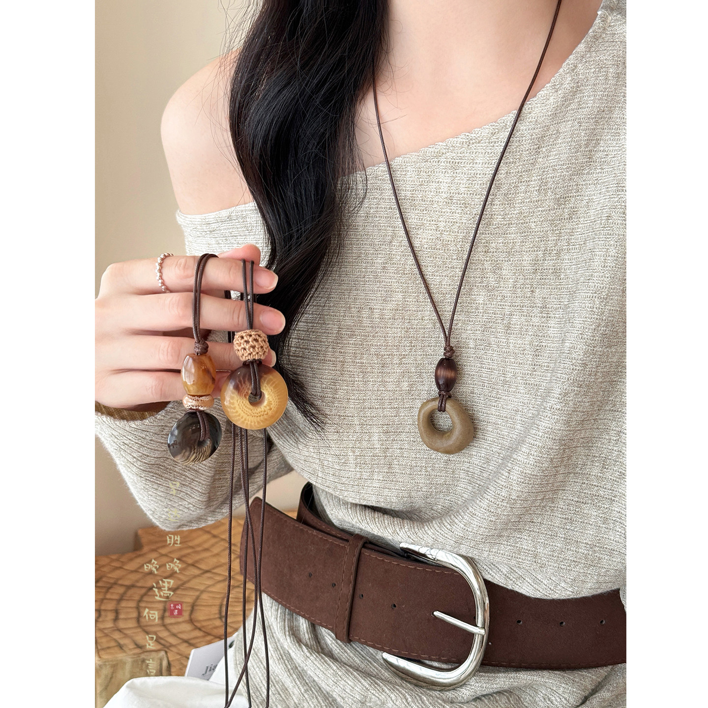 编织平安扣项链复古装饰毛衣链