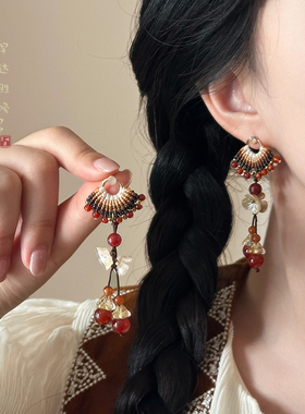 新年红色流苏耳环女秋冬新中式复古民族风耳钉古风国风旗袍耳饰品