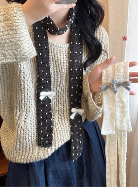 黑色波点蝴蝶结窄条小围巾女生冬复古高级感围脖独特漂亮装饰护颈