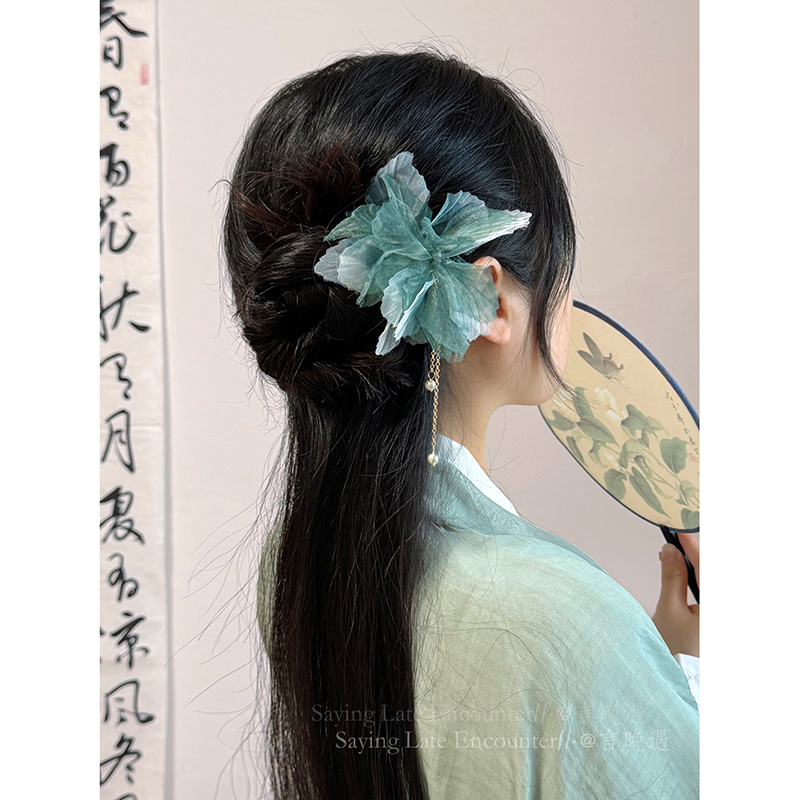 「枯叶蝶」仙气雪纺花朵U型发簪古风女高级新中式马面裙发钗簪子