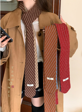 颈上枫影！红色条纹长条细窄围巾女生冬季配大衣领巾围脖护颈装饰