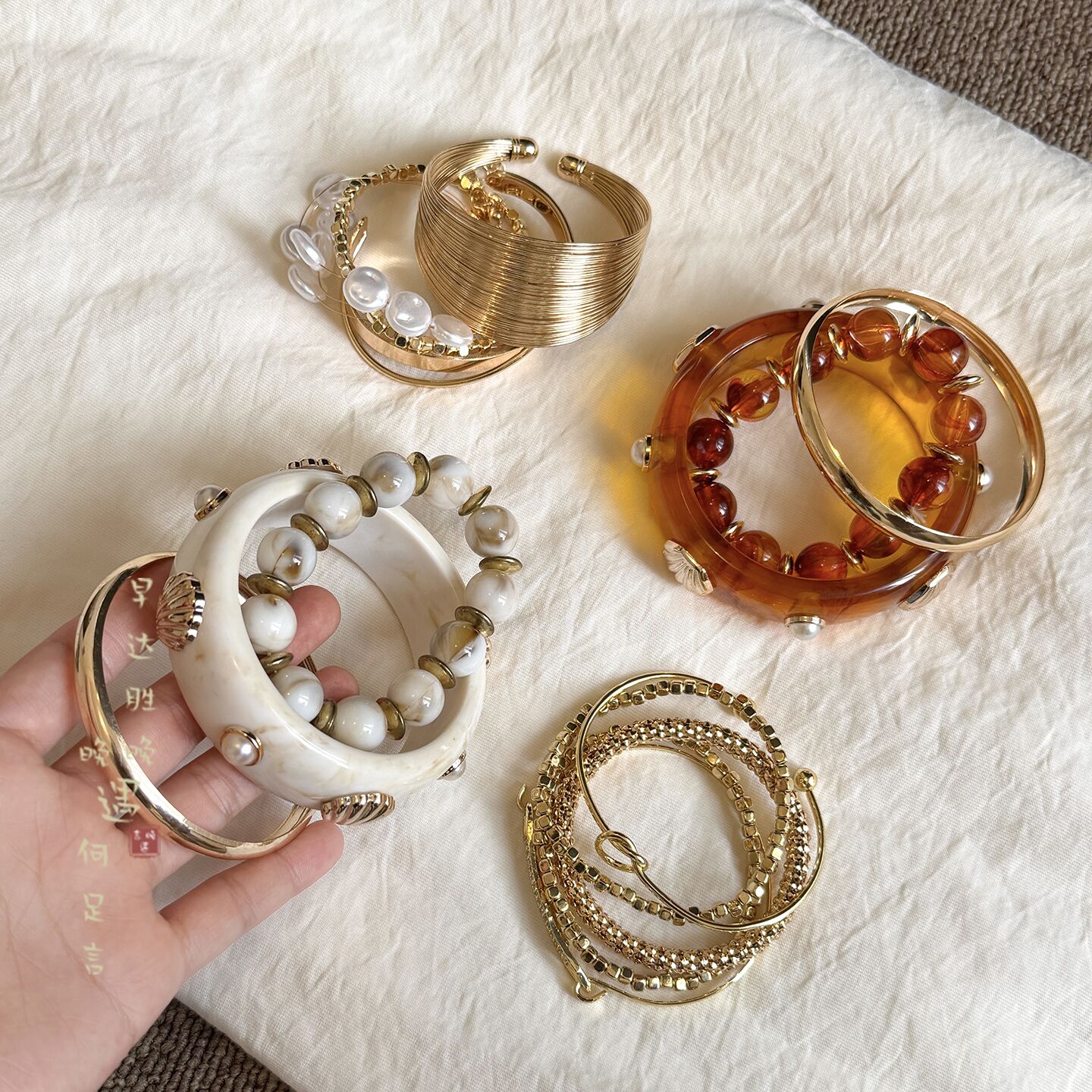 Vintage中古金色叠戴手镯女轻奢高级感手链手环复古小众夸张手饰
