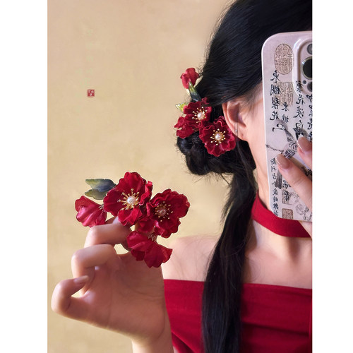 红色花朵侧边发夹新中式古风国风