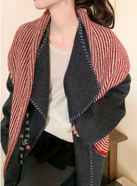 冬日好物~100%羊毛红色条纹针织三角围巾披肩女冬季加厚保暖围脖