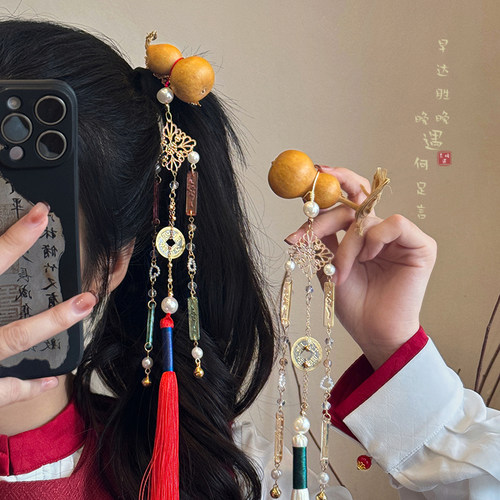 天然小葫芦铜钱发夹新中式古风