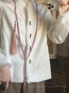 新中式老山檀木长款串珠项链女国风复古流苏旗袍斜挎链毛衣链配饰