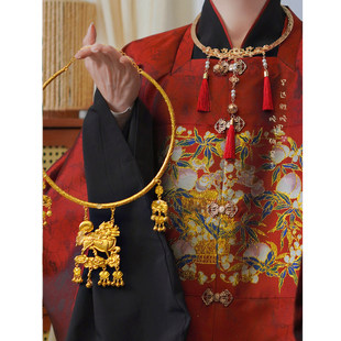 麒麟踏祥云~金色平安锁流苏铃铛项圈新中式古风汉服婚服璎珞项链