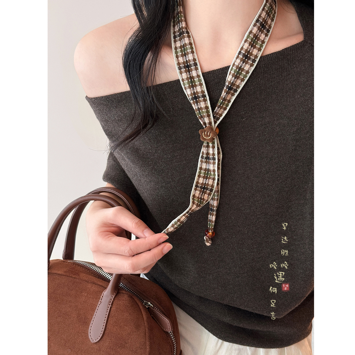 咖色格子丝巾项链复古日常百搭