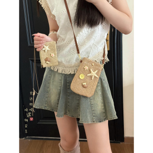 单肩斜挎迷你小包包 夏天度假风海星贝壳猫咪编织手机包女2025新款