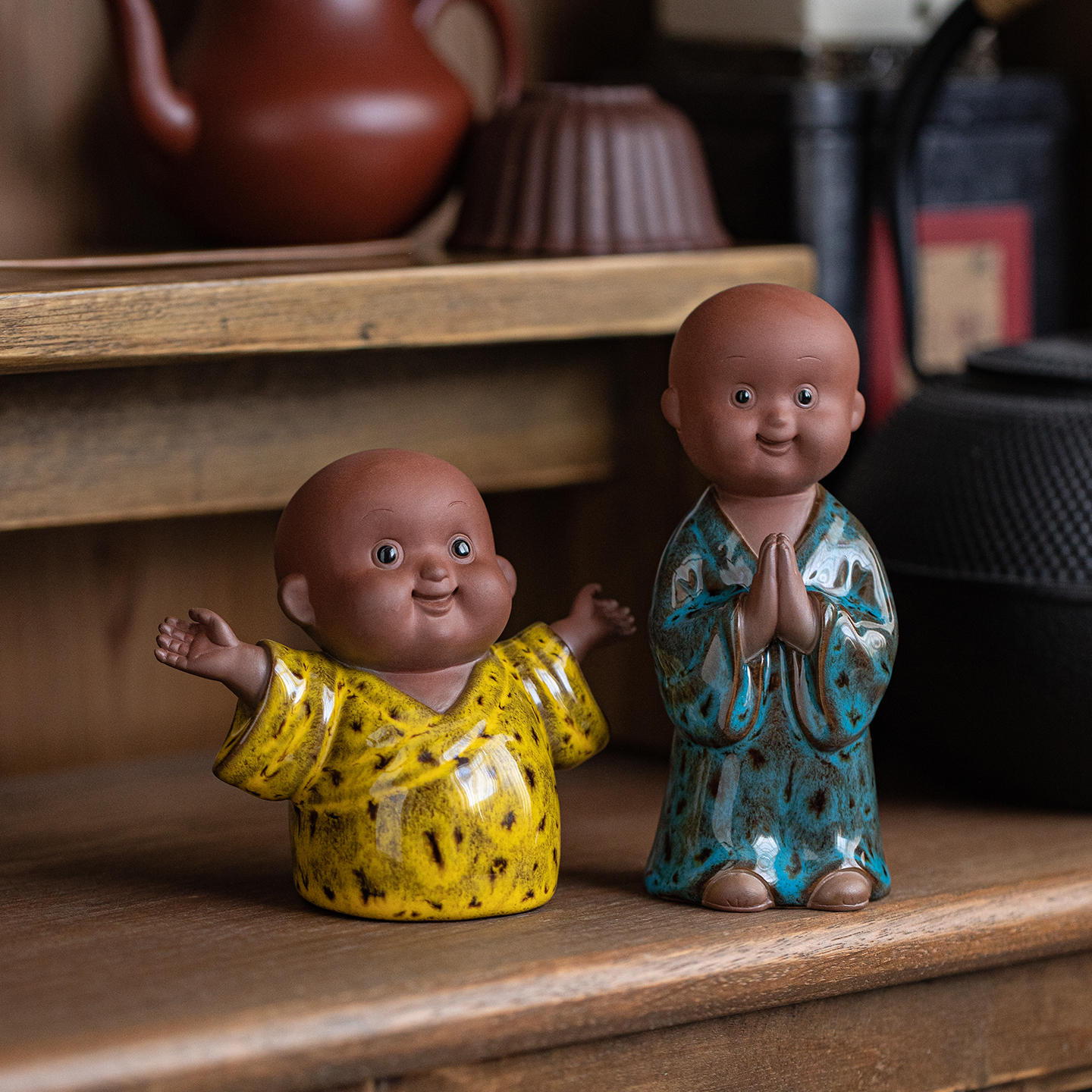 胖瘦可爱小和尚摆件陶瓷人物