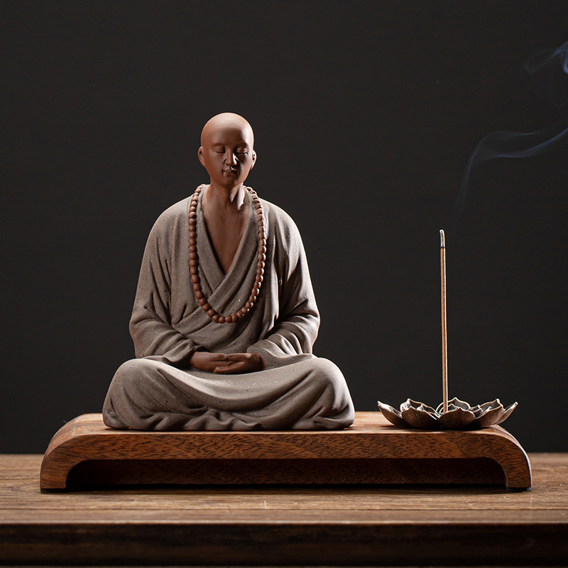 禅意茶空间装饰紫砂小和尚摆件
