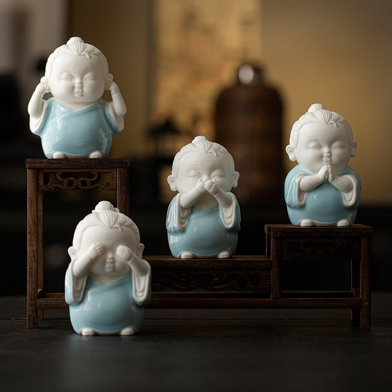 禅意四不小道士摆件可爱陶瓷人物茶室博古架茶桌茶台装饰品国潮风