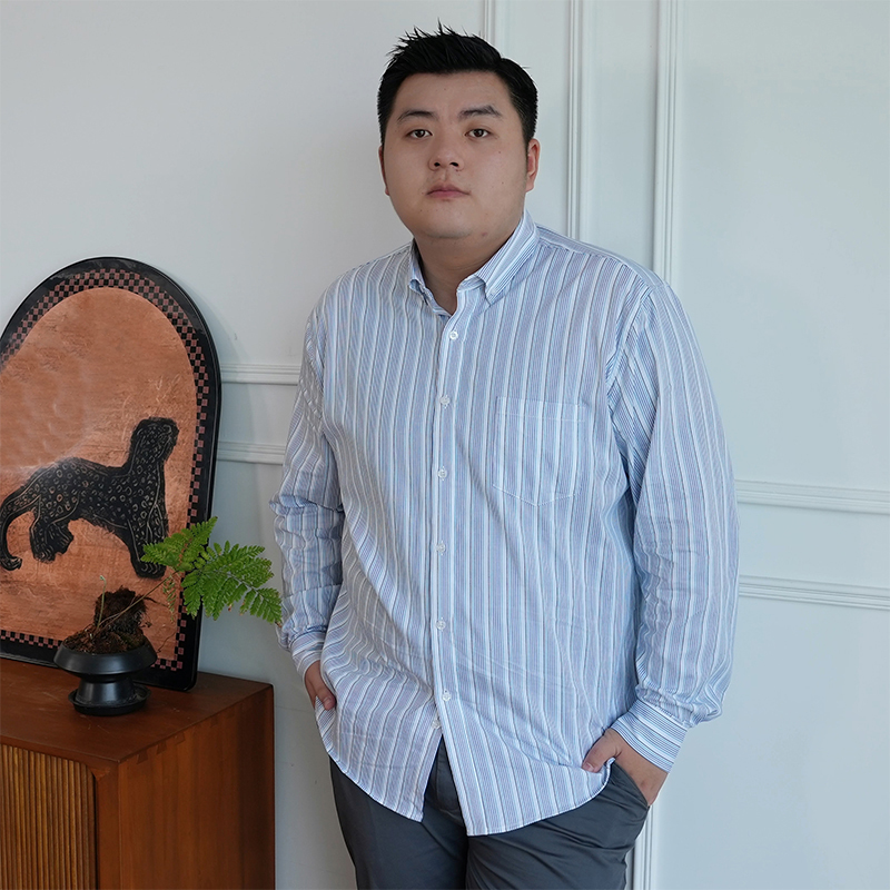 100%棉长袖衬衫方领条纹休闲商务