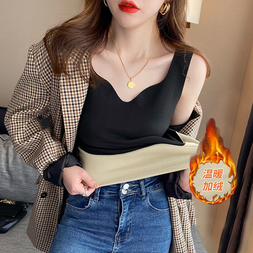 保暖无痕v领背心女内搭贴身秋冬德绒打底衫修身紧身无袖上衣外穿