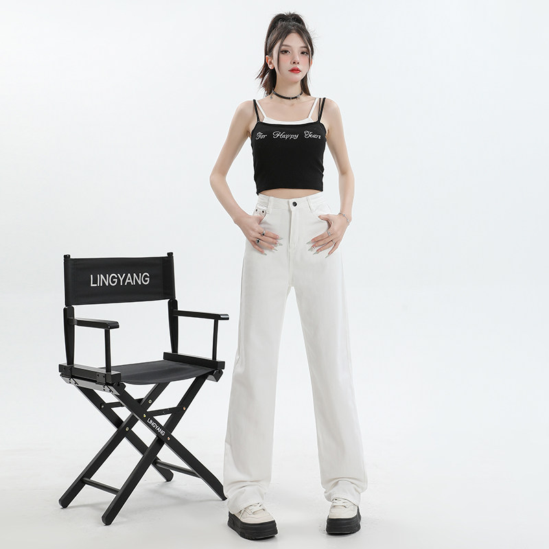 白色牛仔裤女高腰宽松显瘦设计垂感阔腿直筒拖地裤&长裤加长