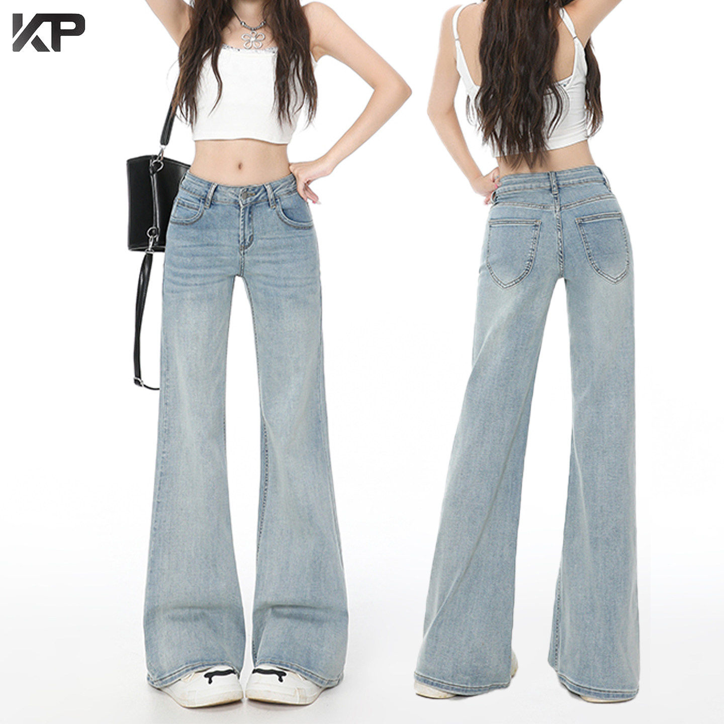 浅蓝色微喇牛仔裤女夏季薄款低腰宽松垂感拖地小个子不贴腿喇叭裤